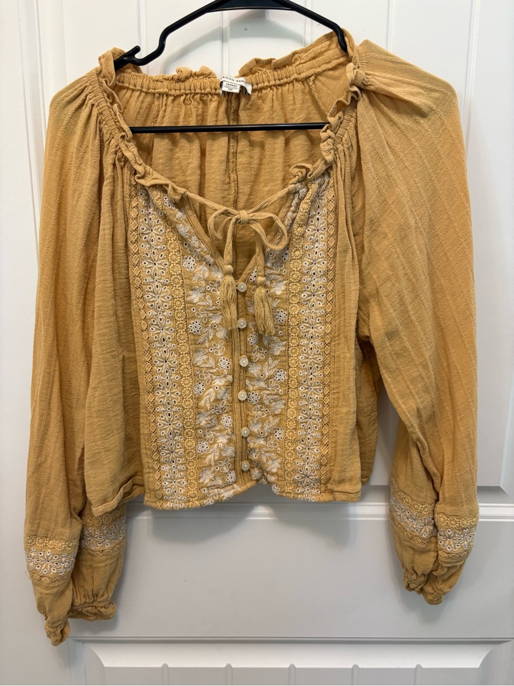 American Eagle Outfitters Mustard Embroidered Peasant Blouse. Size Medium.